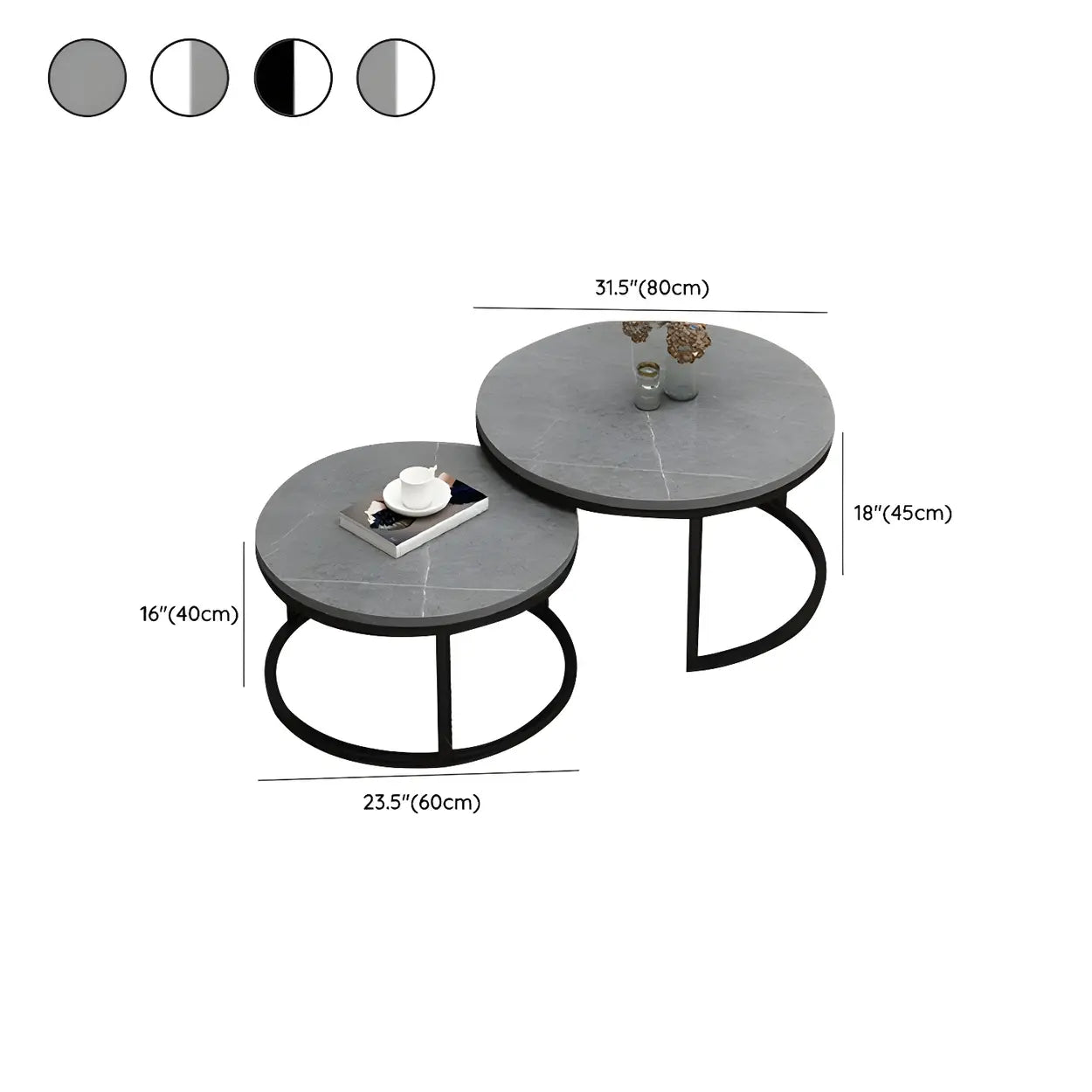 Stone Round Metal-Frame Nesting Coffee Tables — Grey / Black