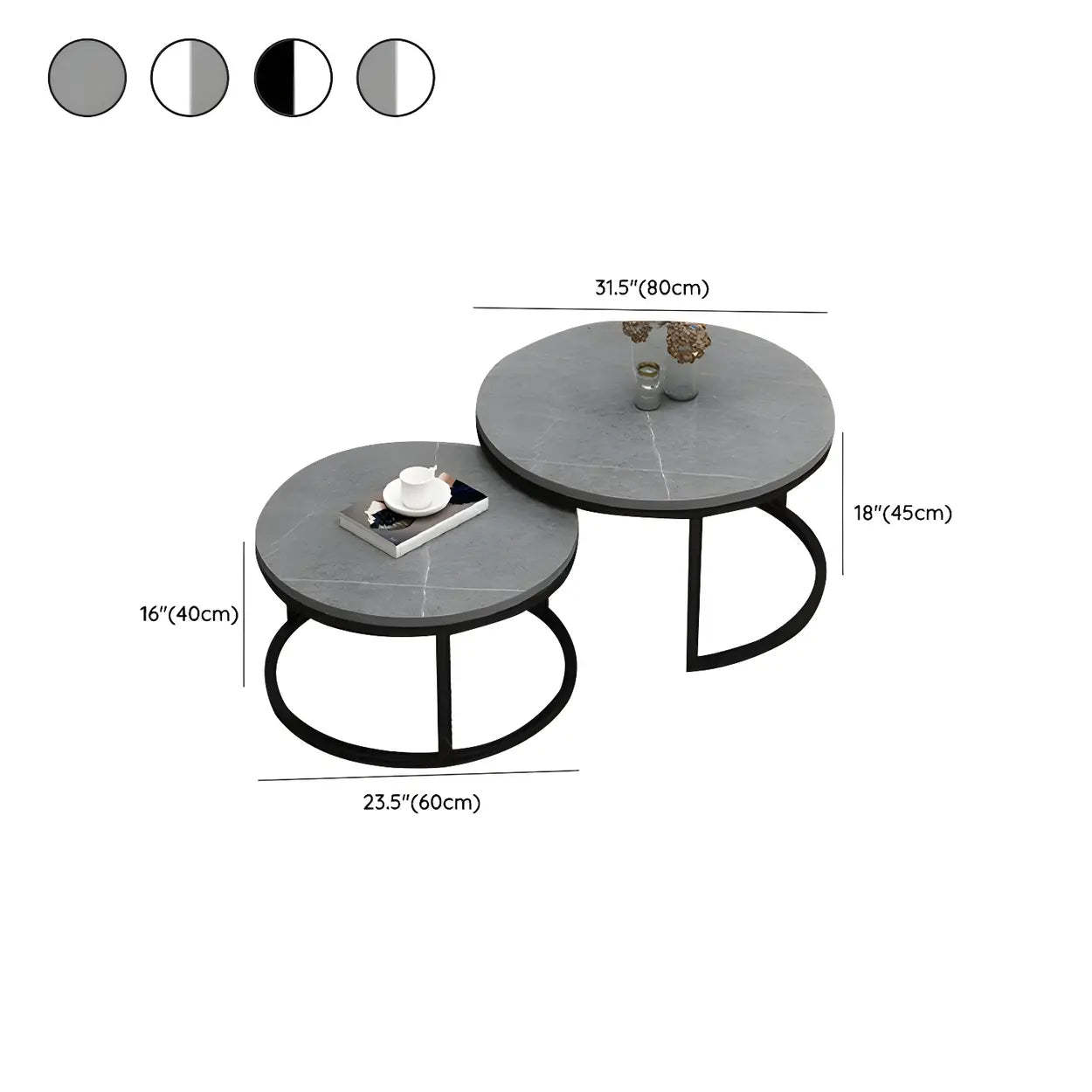 Stone Round Metal-Frame Nesting Coffee Tables — Grey / Black