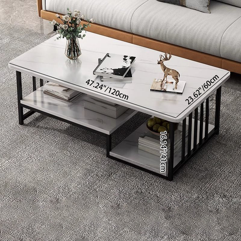 Contemporary Marble Rectangular Coffee Table 2-Tier Storage — Gray Tabletop + Black Frame