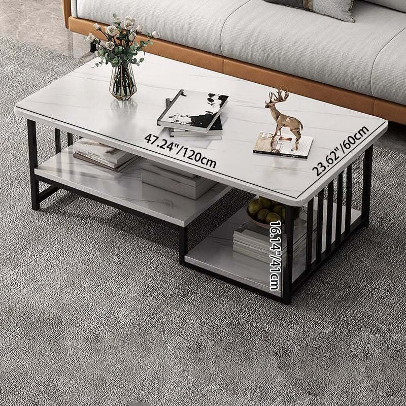 Contemporary Marble Rectangular Coffee Table 2-Tier Storage — Gray Tabletop + Black Frame