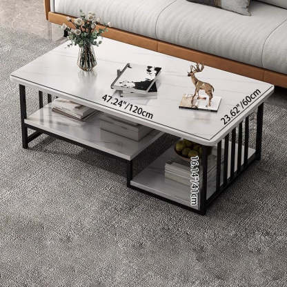 Contemporary Marble Rectangular Coffee Table 2-Tier Storage — Gray Tabletop + Black Frame