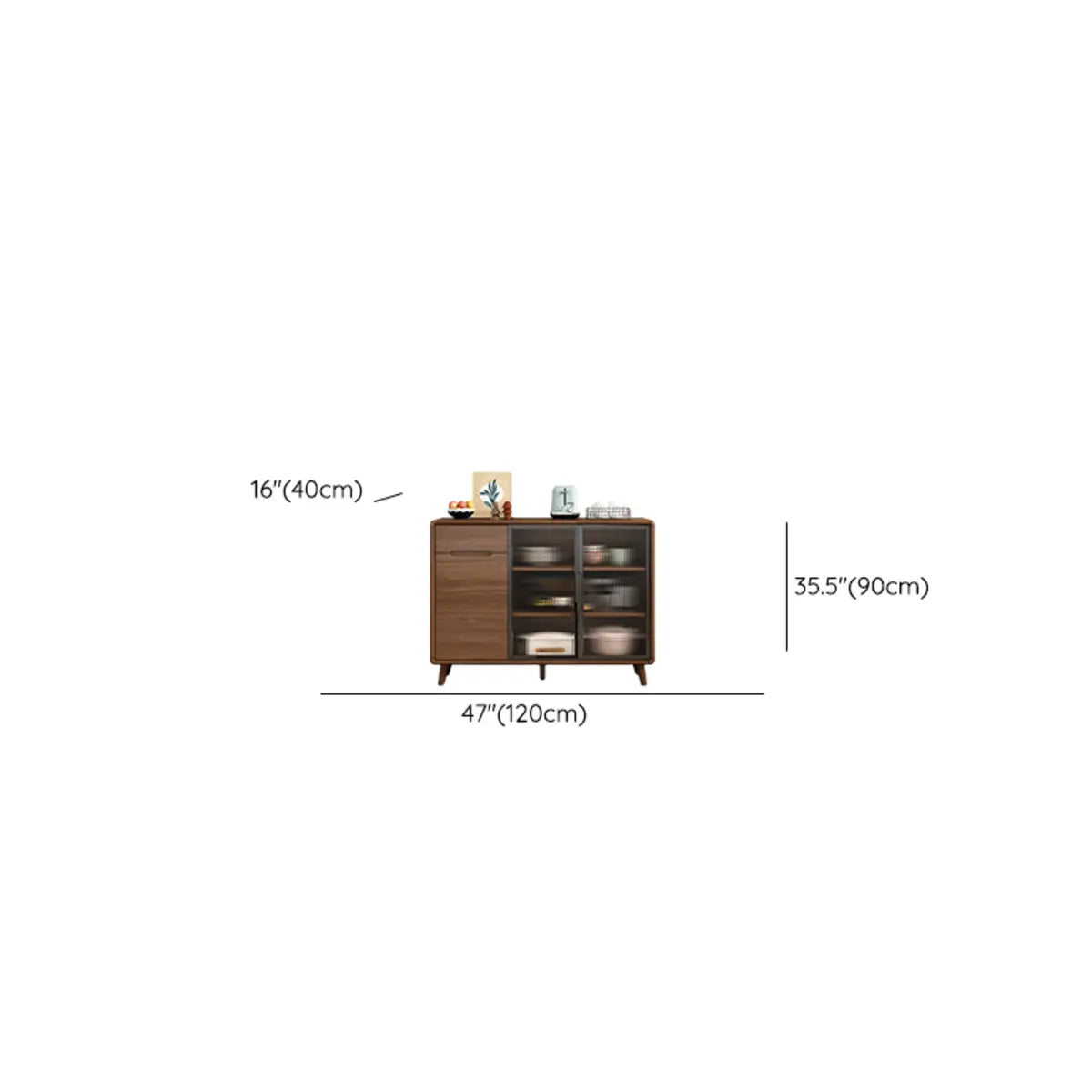 Stylish Walnut Brown Narrow Sideboard Glass Doors