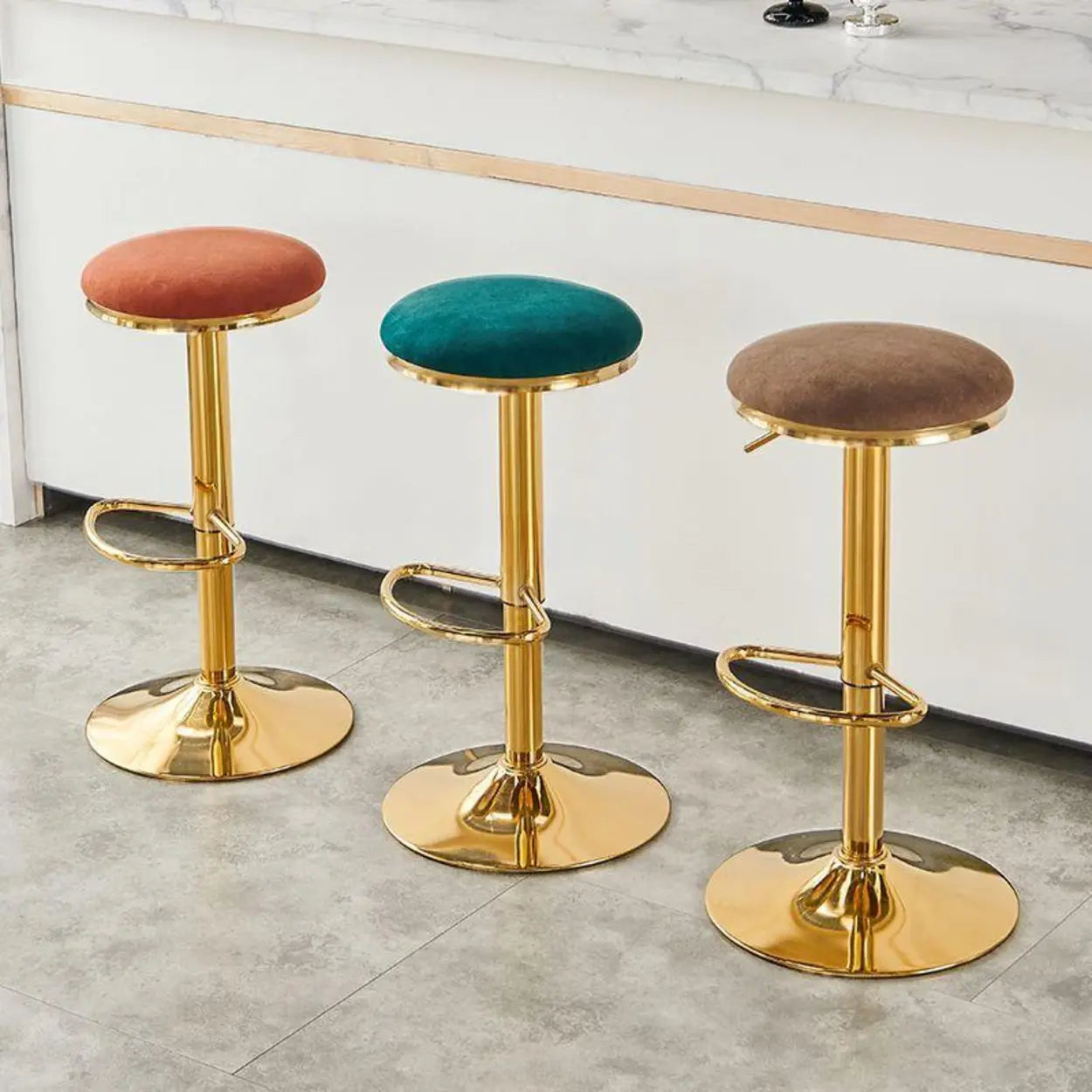 Backless Round Upholstered Gold Metal Bar Stool — White