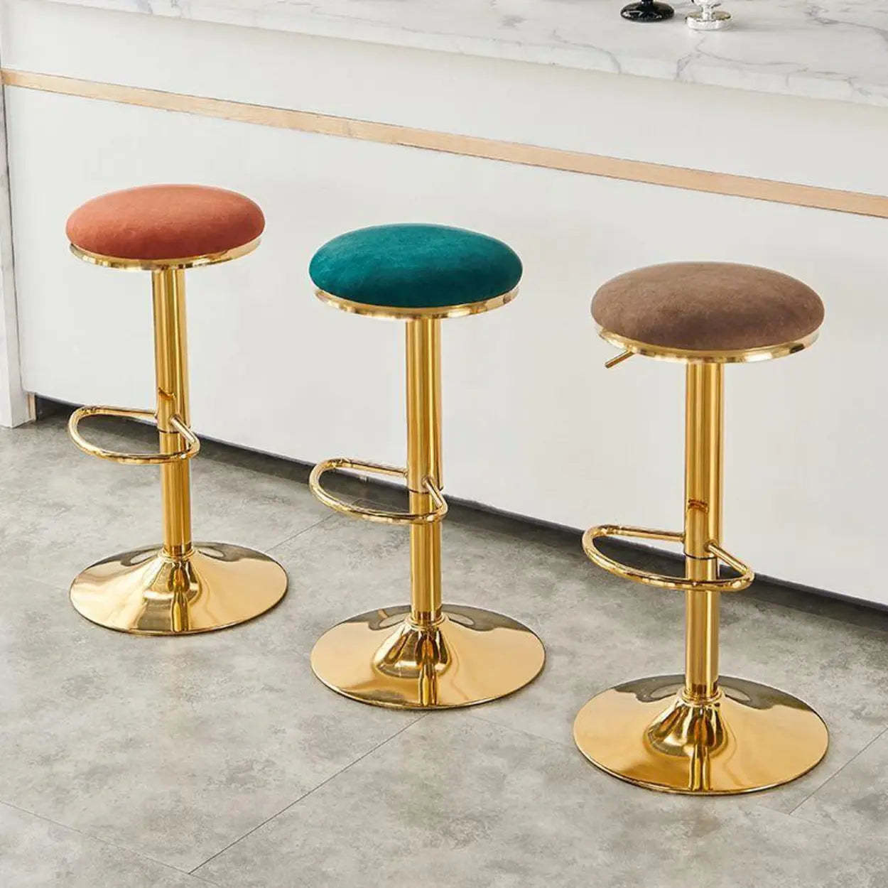 Backless Round Upholstered Gold Metal Bar Stool — White