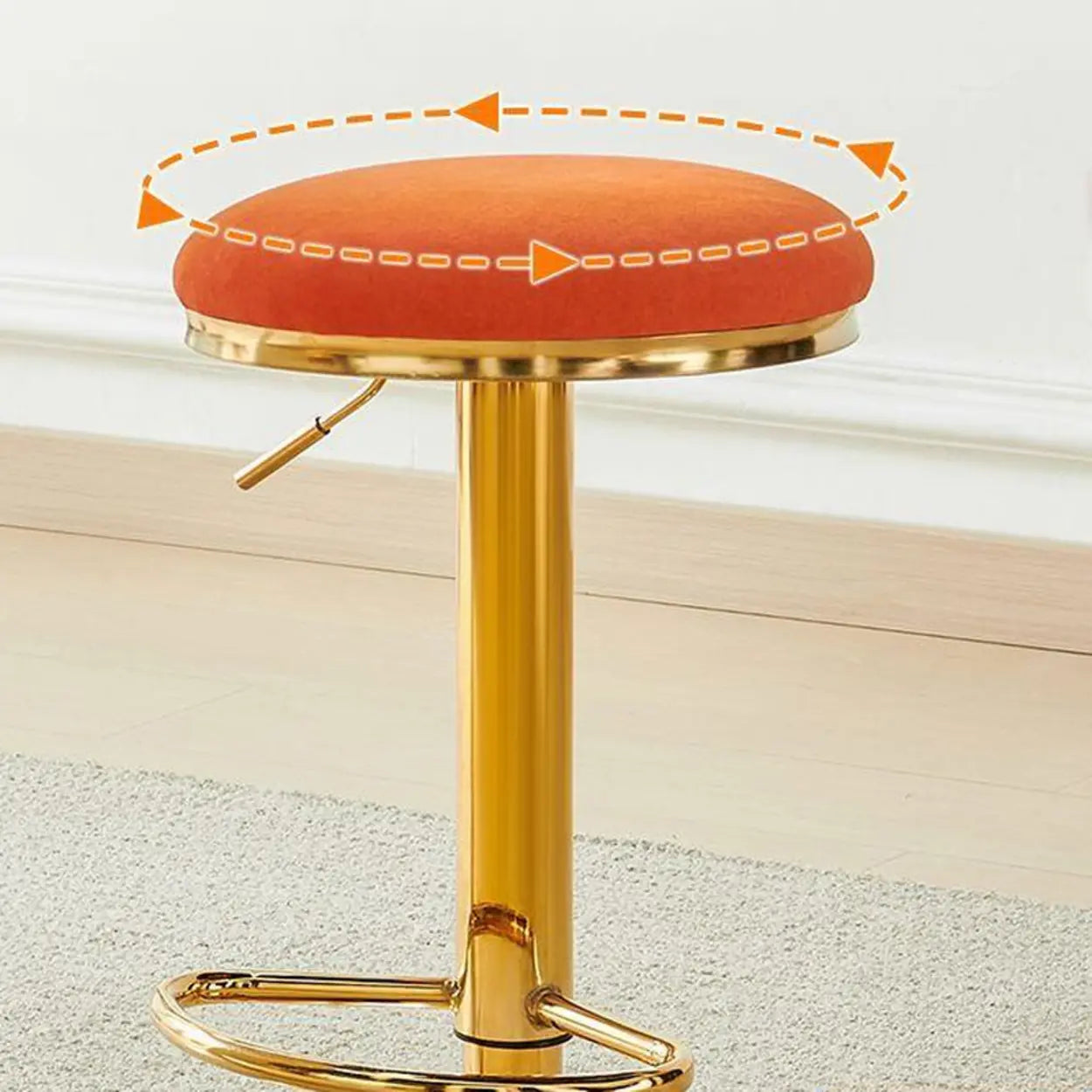Backless Round Upholstered Gold Metal Bar Stool — Orange Red