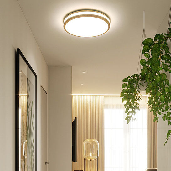 Japanese Round Wooden Slim LED Flush Mount Light — White Light (5000K) / 110V-120V For US/CA