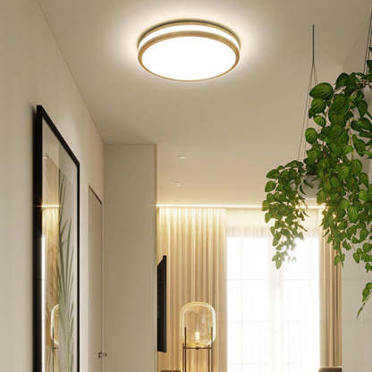 Japanese Round Wooden Slim LED Flush Mount Light — White Light (5000K) / 110V-120V For US/CA