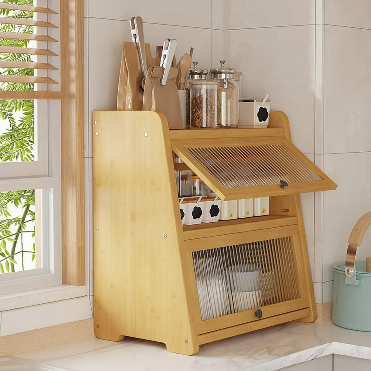 Natural Bamboo Desktop Ladder Display Cabinet — Natural