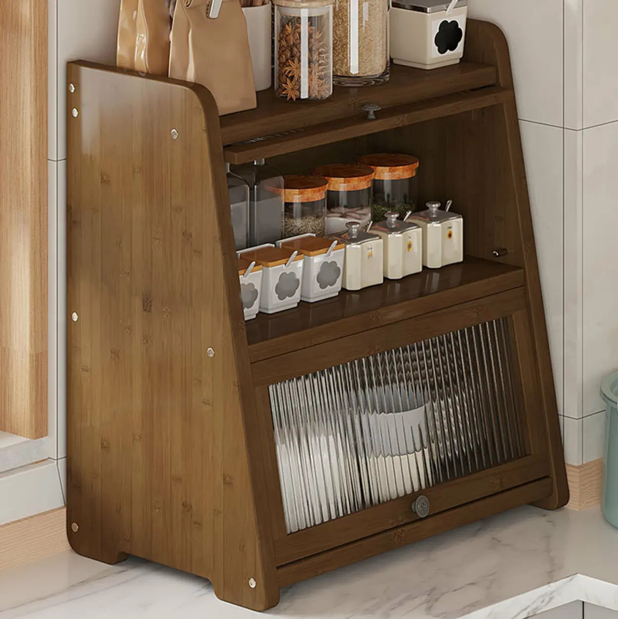 Natural Bamboo Desktop Ladder Display Cabinet — Tan