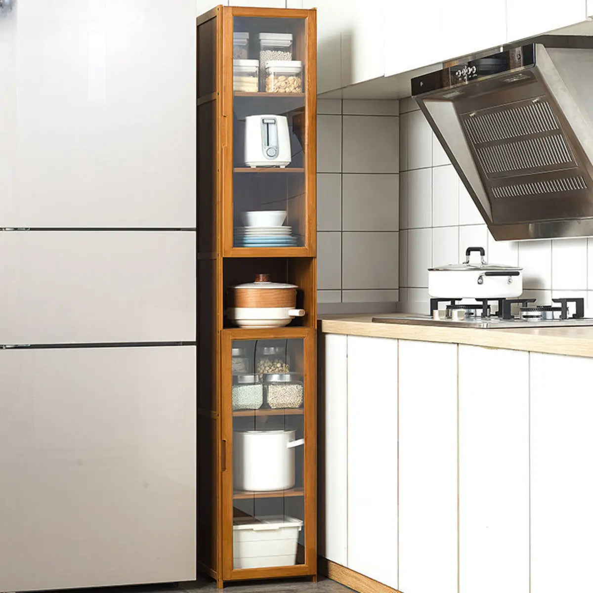 Brown Bamboo 7-Shelf Tall Kitchen China Cabinet