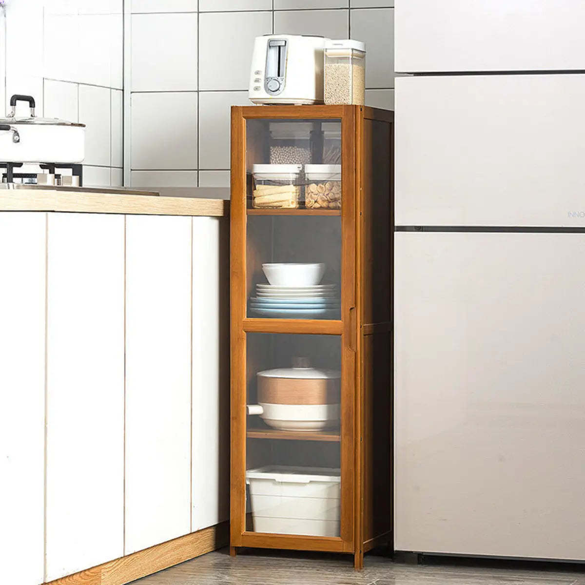 Brown Bamboo 7-Shelf Tall Kitchen China Cabinet