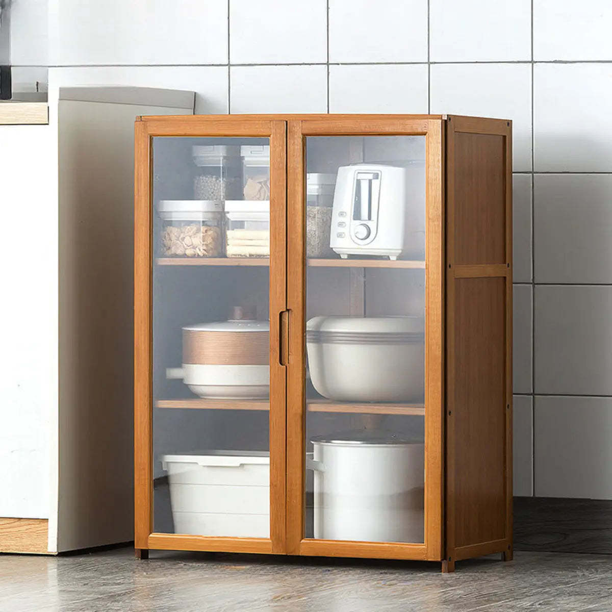 Brown Bamboo 7-Shelf Tall Kitchen China Cabinet
