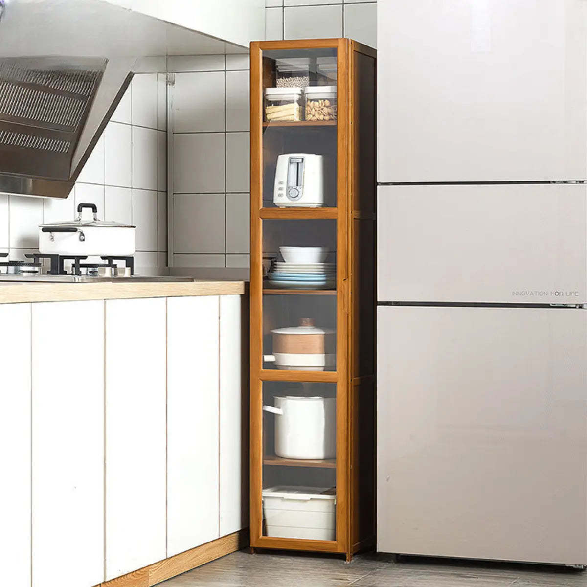 Brown Bamboo 7-Shelf Tall Kitchen China Cabinet