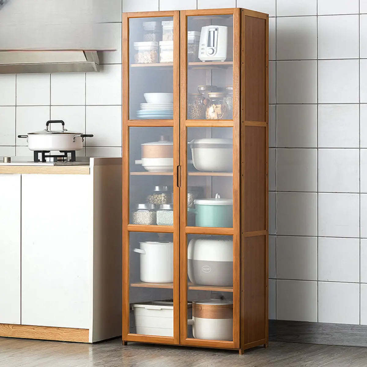 Brown Bamboo 7-Shelf Tall Kitchen China Cabinet