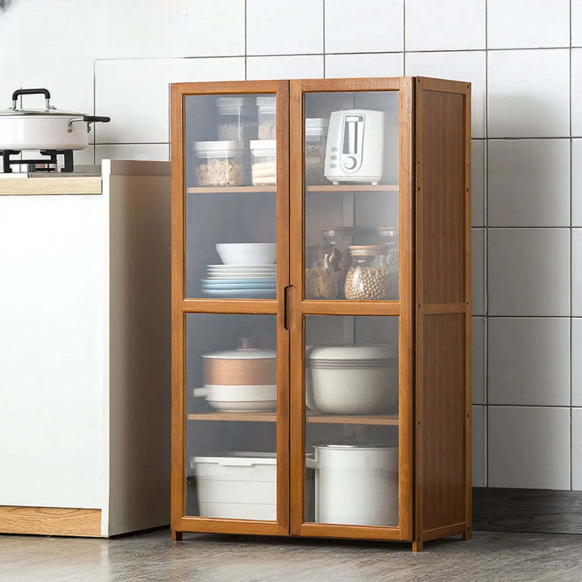 Brown Bamboo 7-Shelf Tall Kitchen China Cabinet