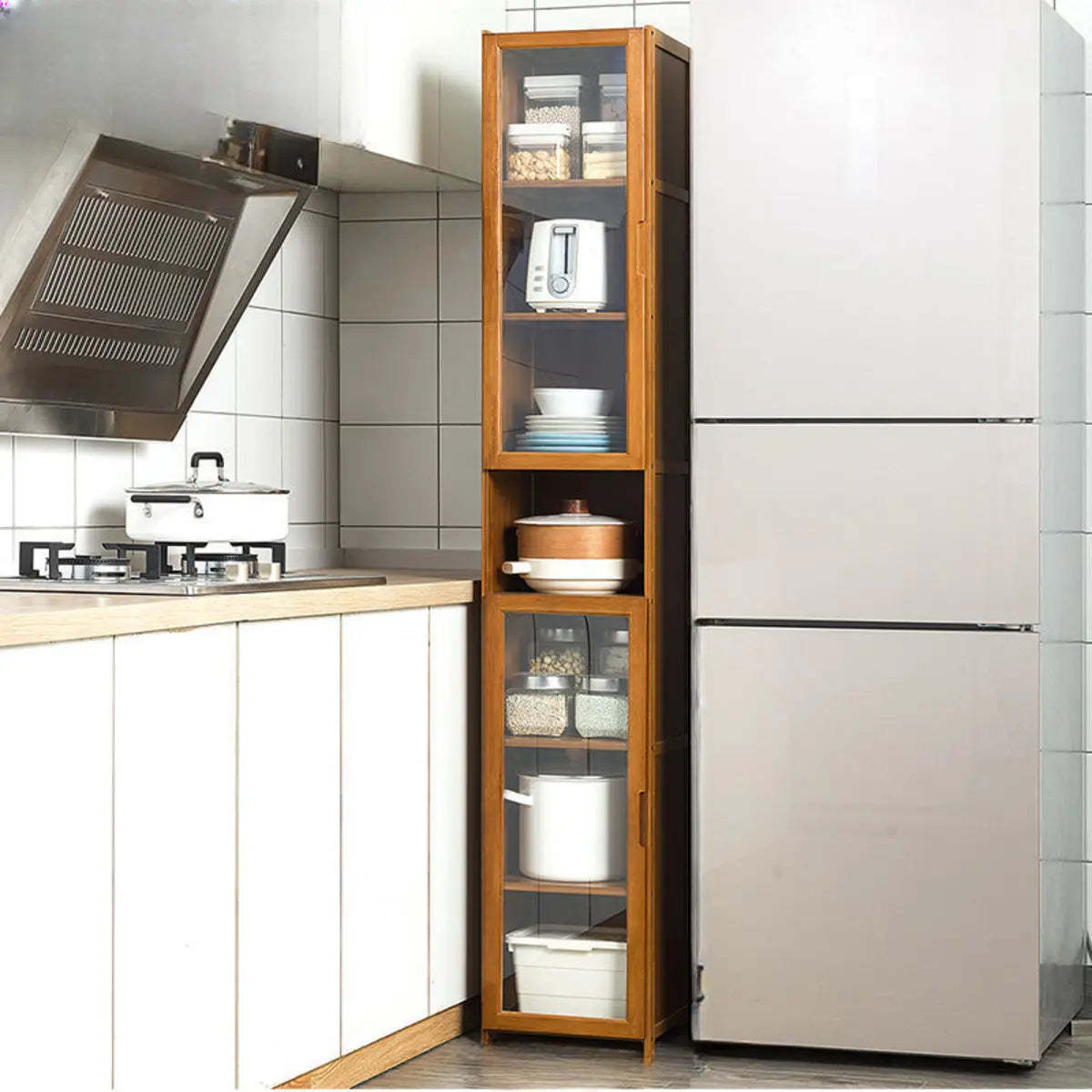 Brown Bamboo 7-Shelf Tall Kitchen China Cabinet
