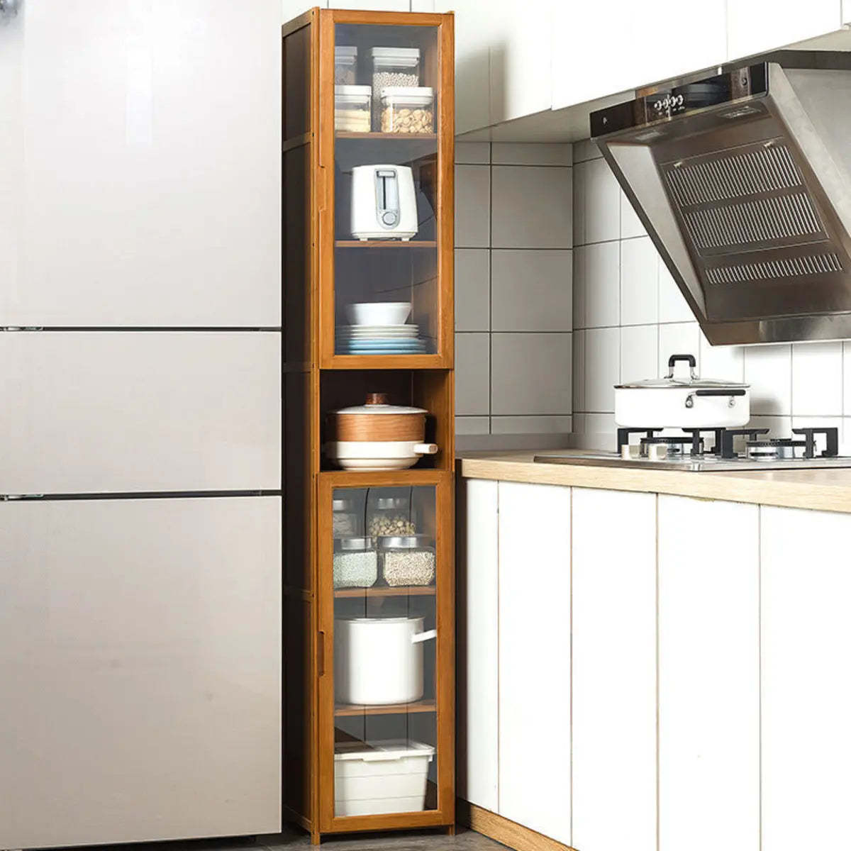 Brown Bamboo 7-Shelf Tall Kitchen China Cabinet