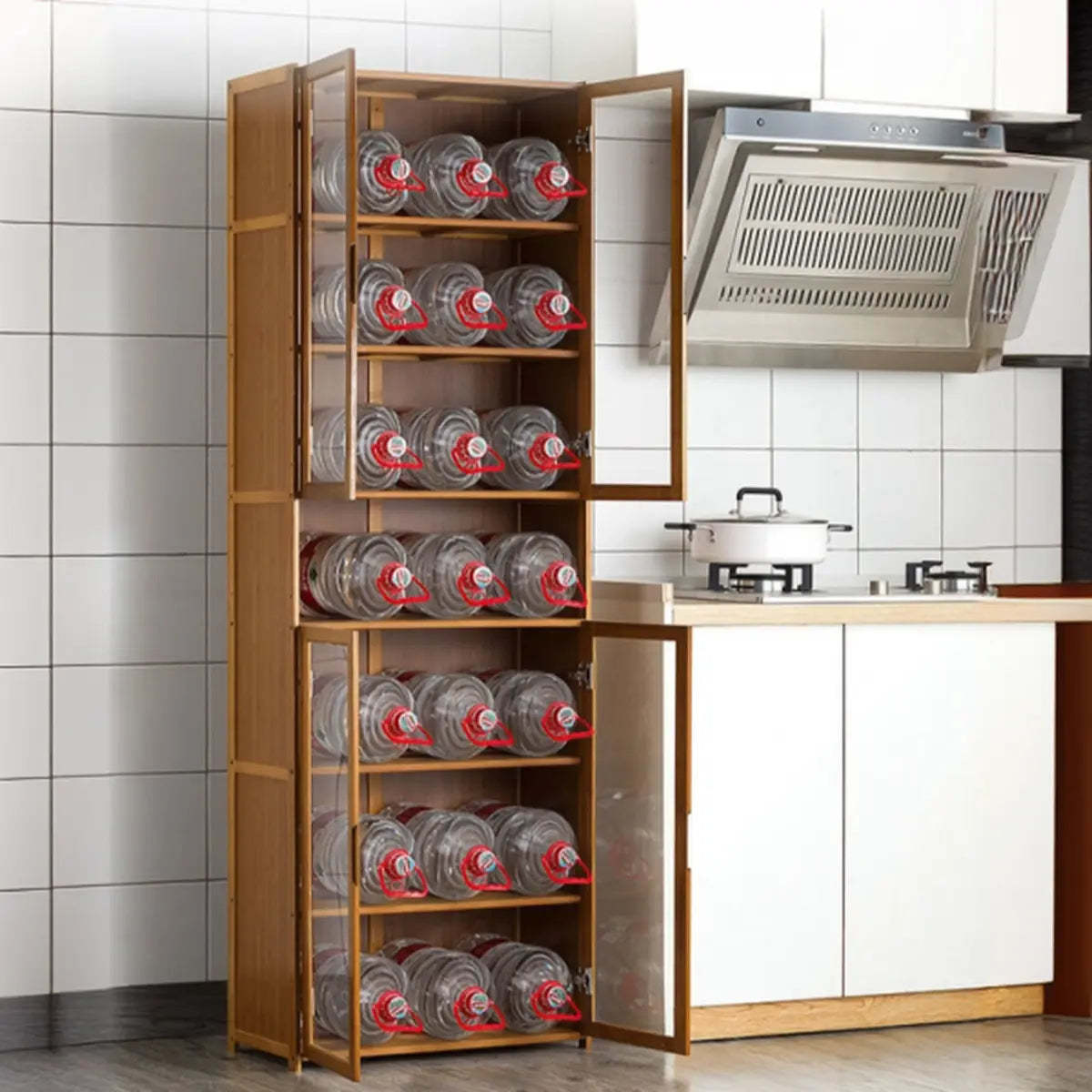 Brown Bamboo 7-Shelf Tall Kitchen China Cabinet