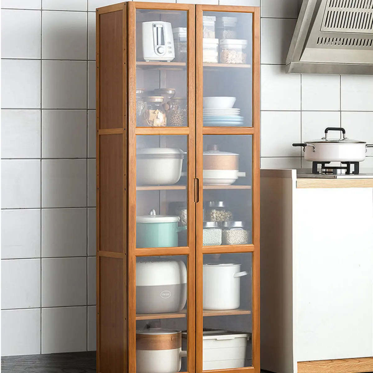 Brown Bamboo 7-Shelf Tall Kitchen China Cabinet