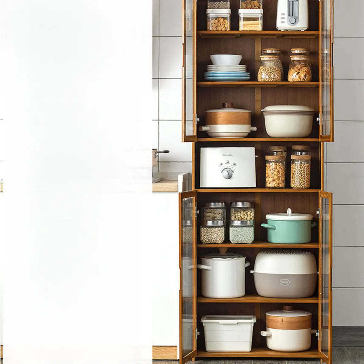 Brown Bamboo 7-Shelf Tall Kitchen China Cabinet