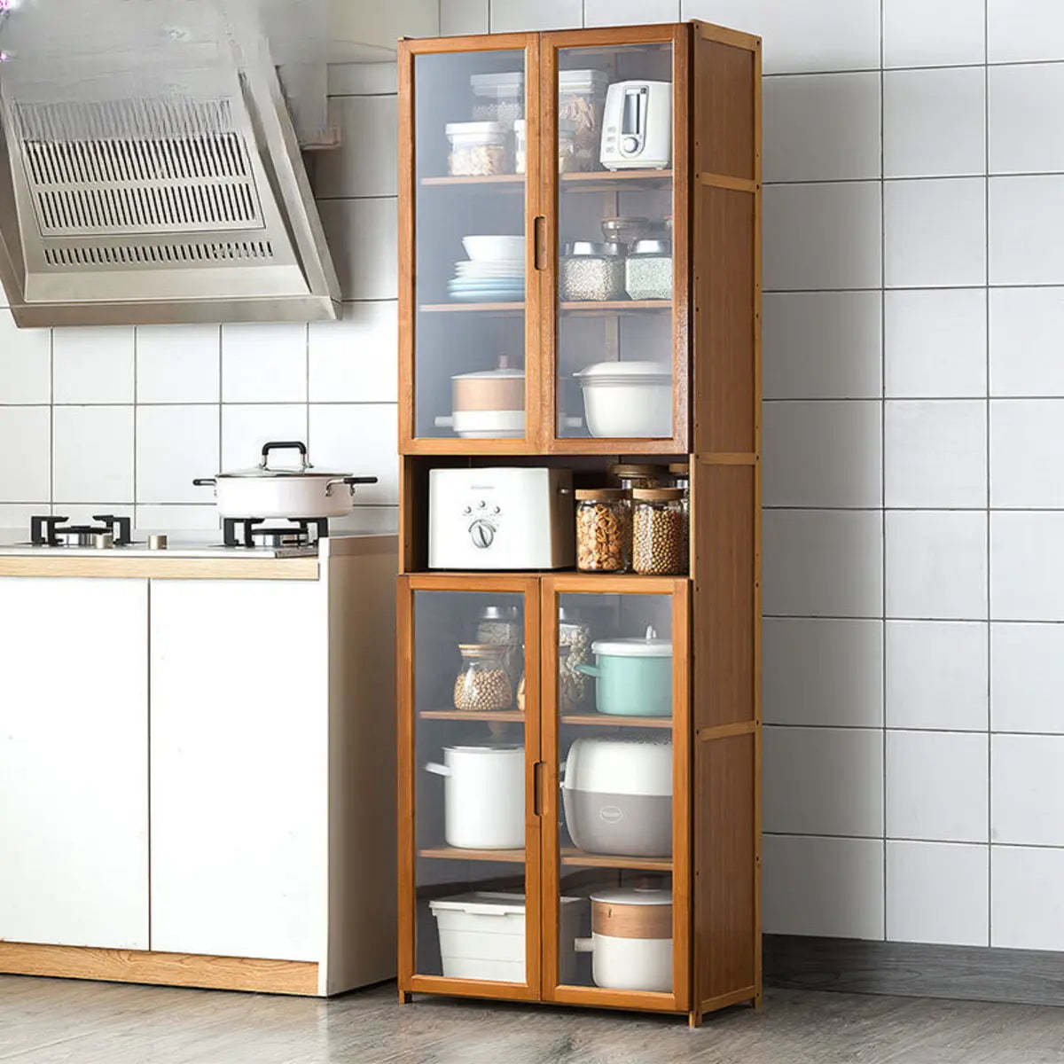 Brown Bamboo 7-Shelf Tall Kitchen China Cabinet