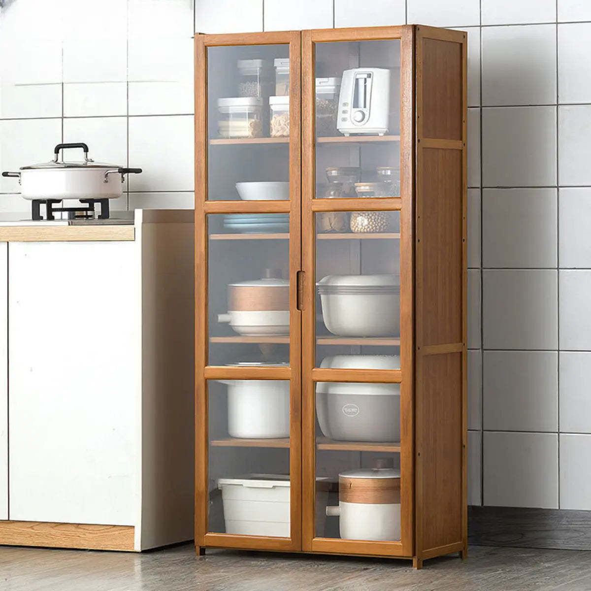 Brown Bamboo 7-Shelf Tall Kitchen China Cabinet