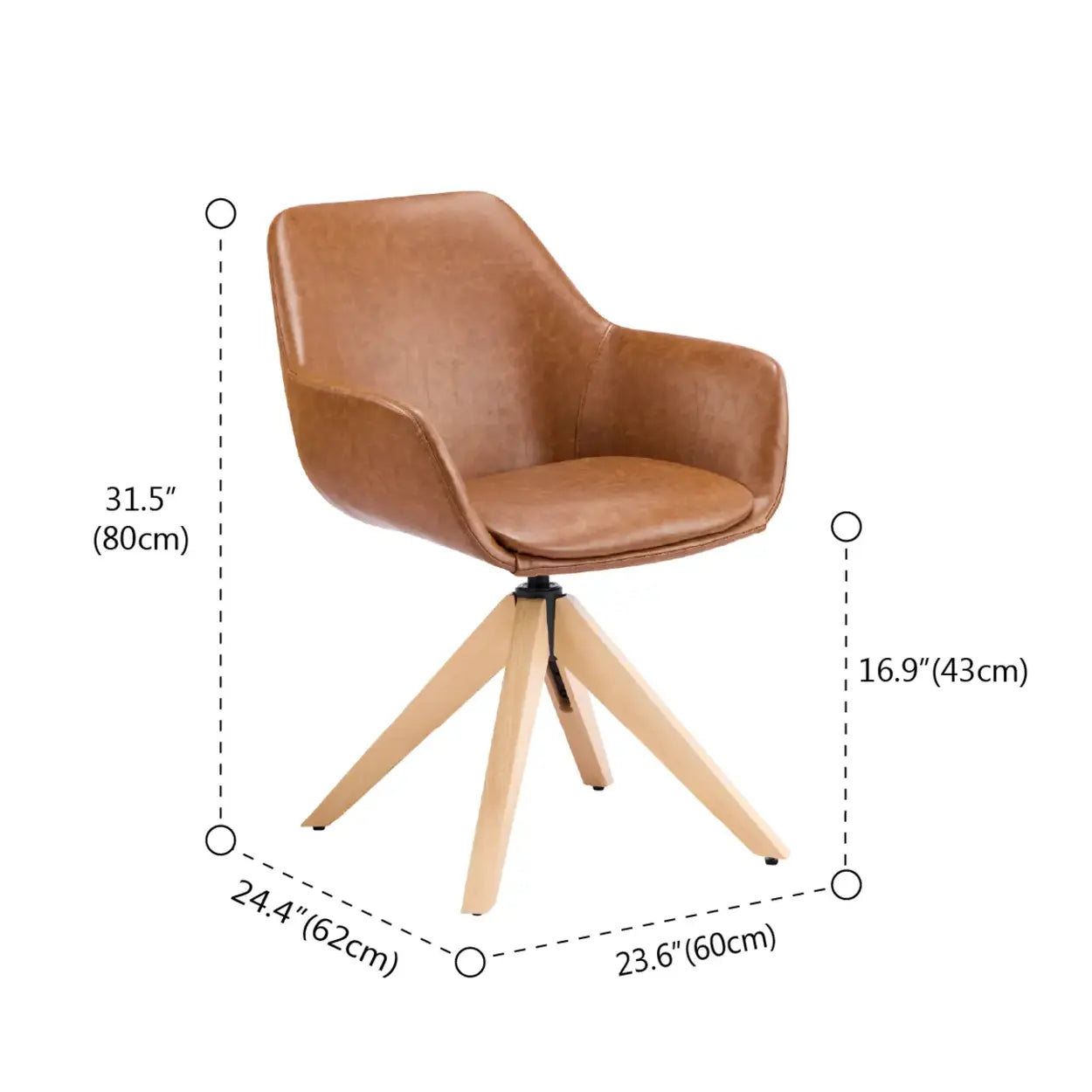 Modern Swivel Brown Faux Leather Arm Dining Chair Set of 2 #size