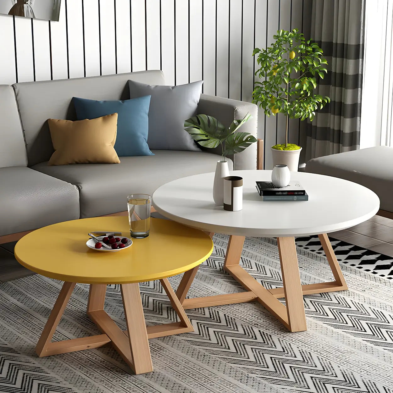 Beech Wood Round Coffee Table with Cross Legs — Gray