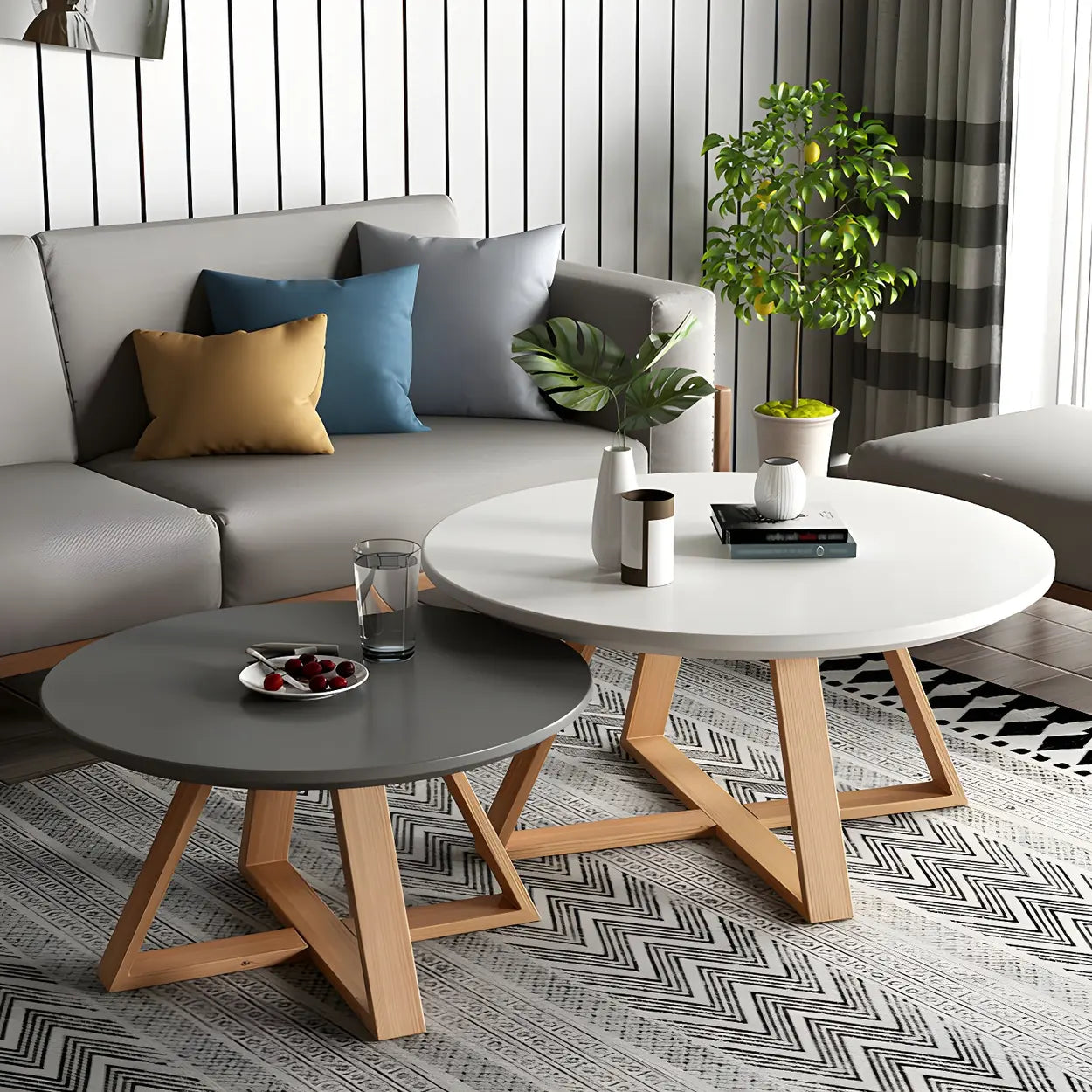 Beech Wood Round Coffee Table with Cross Legs — Yellow