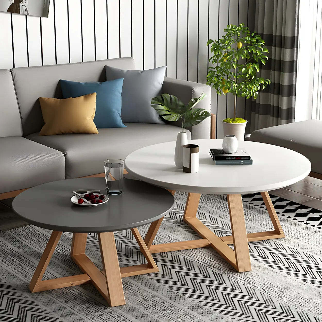 Beech Wood Round Coffee Table with Cross Legs — Yellow