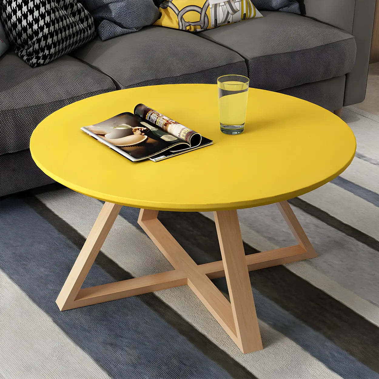 Beech Wood Round Coffee Table with Cross Legs — Blue