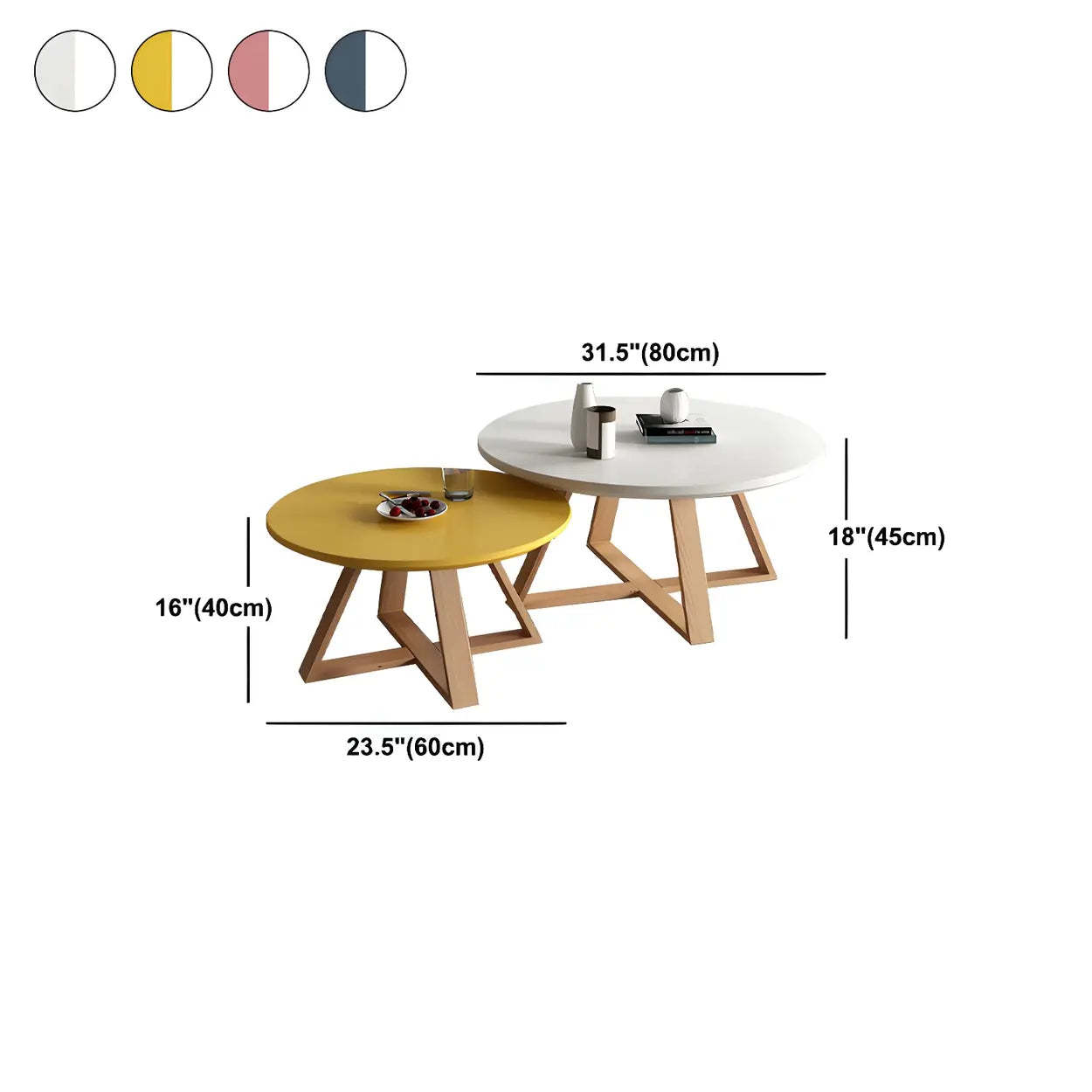 Beech Wood Round Coffee Table with Cross Legs — White/ Yellow