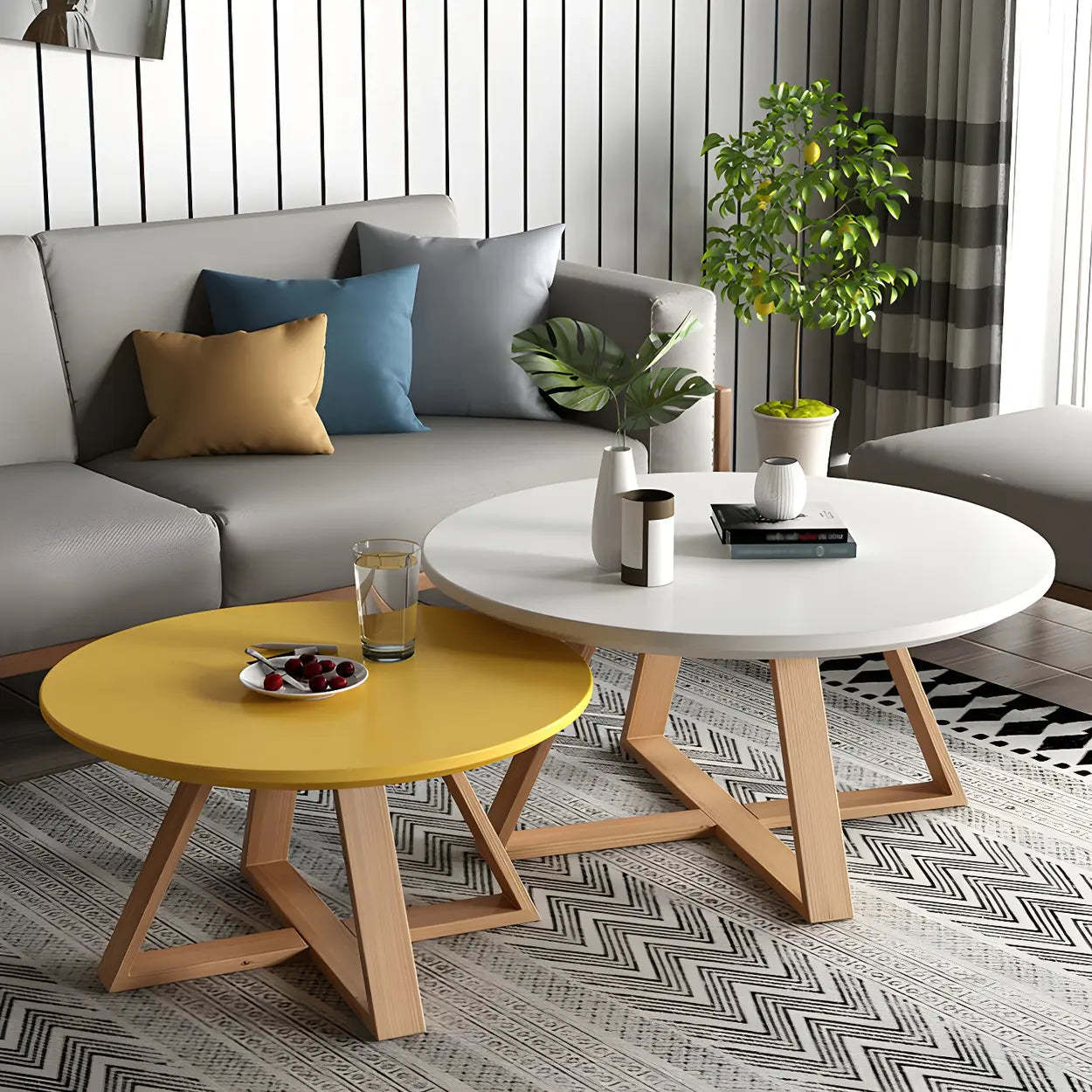 Modern cross legs gray wood coffee tables, Lighom — 28"L x 28"W x 18"H & 20"L x 20"W x 16"H / White & Yellow