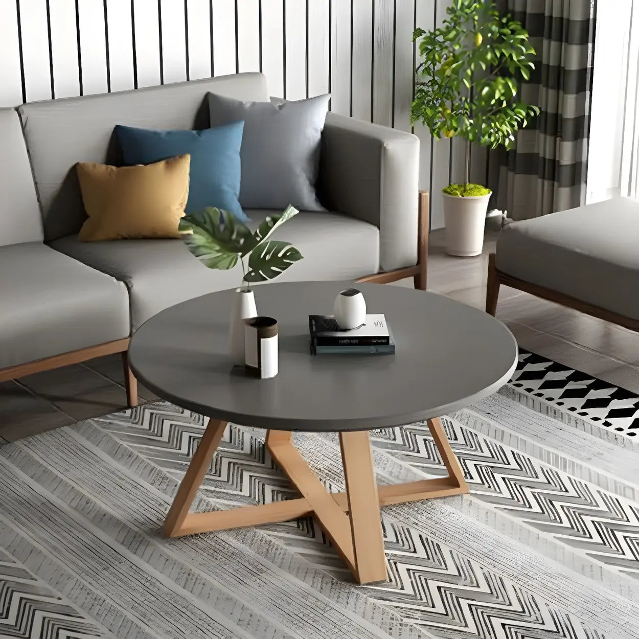 Beech Wood Round Coffee Table with Cross Legs — White