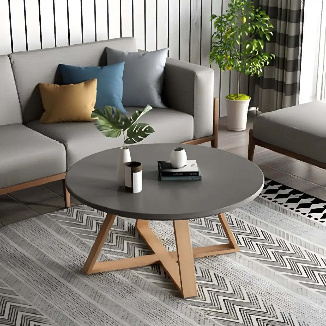Beech Wood Round Coffee Table with Cross Legs — White
