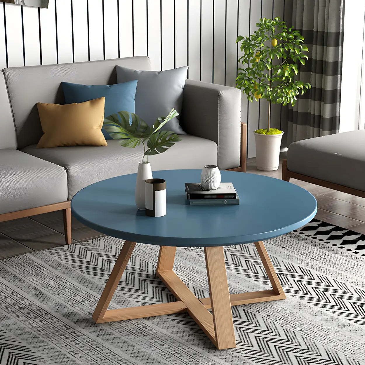 Beech Wood Round Coffee Table with Cross Legs — Yellow