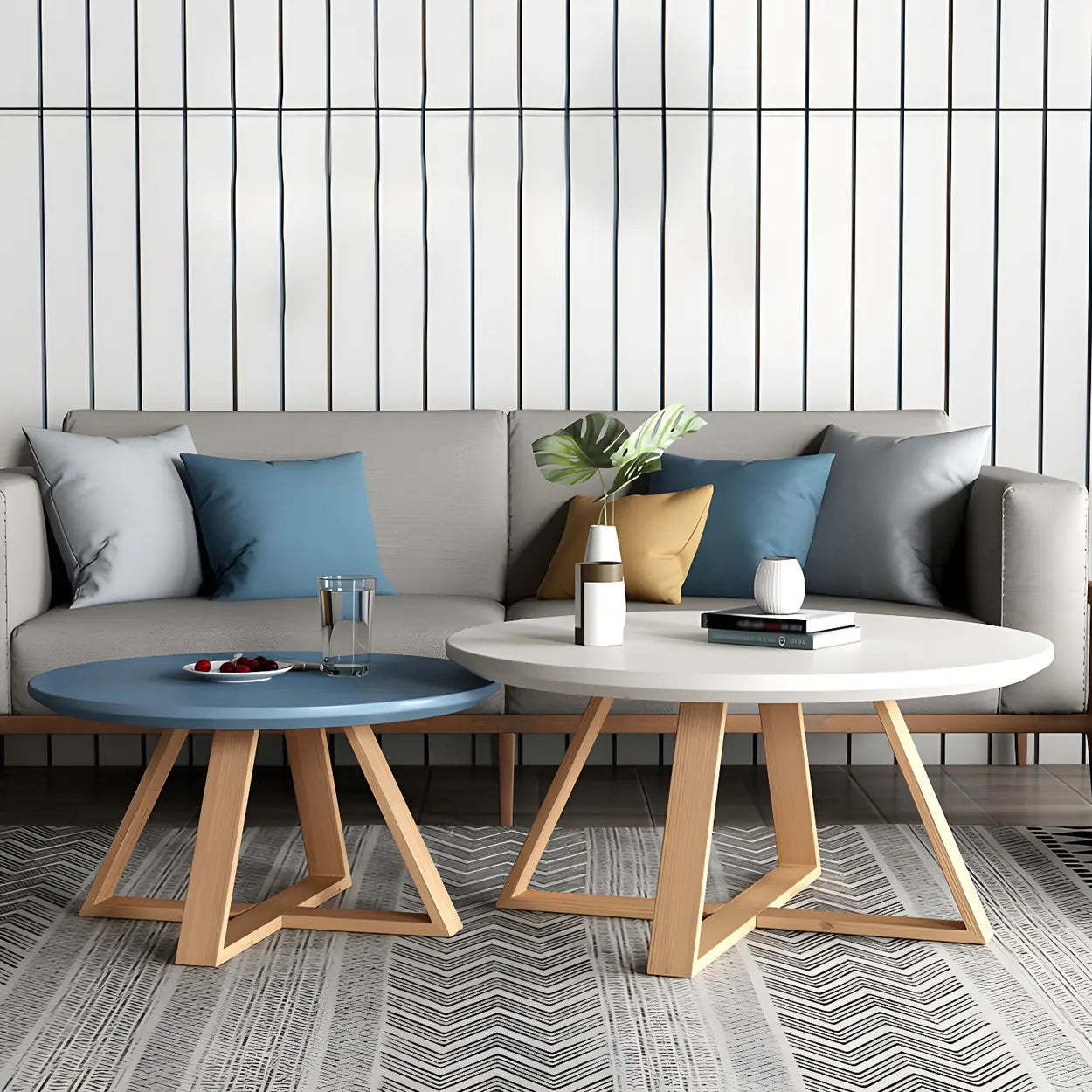 Beech Wood Round Coffee Table with Cross Legs — Blue