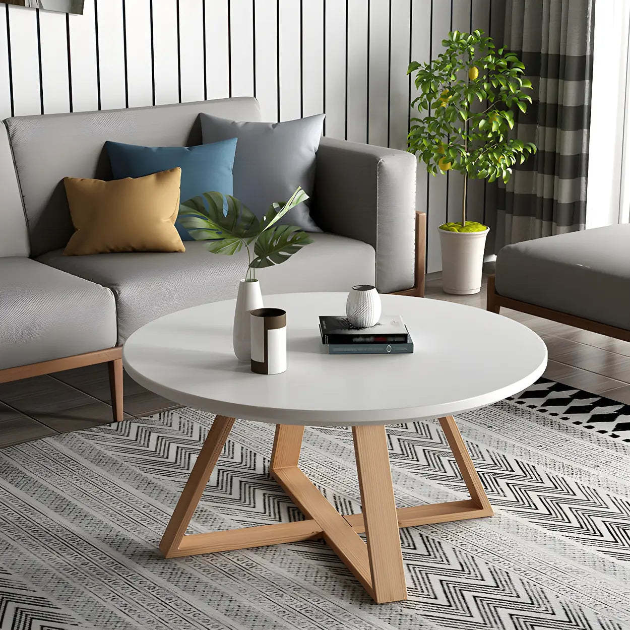 Beech Wood Round Coffee Table with Cross Legs — Gray