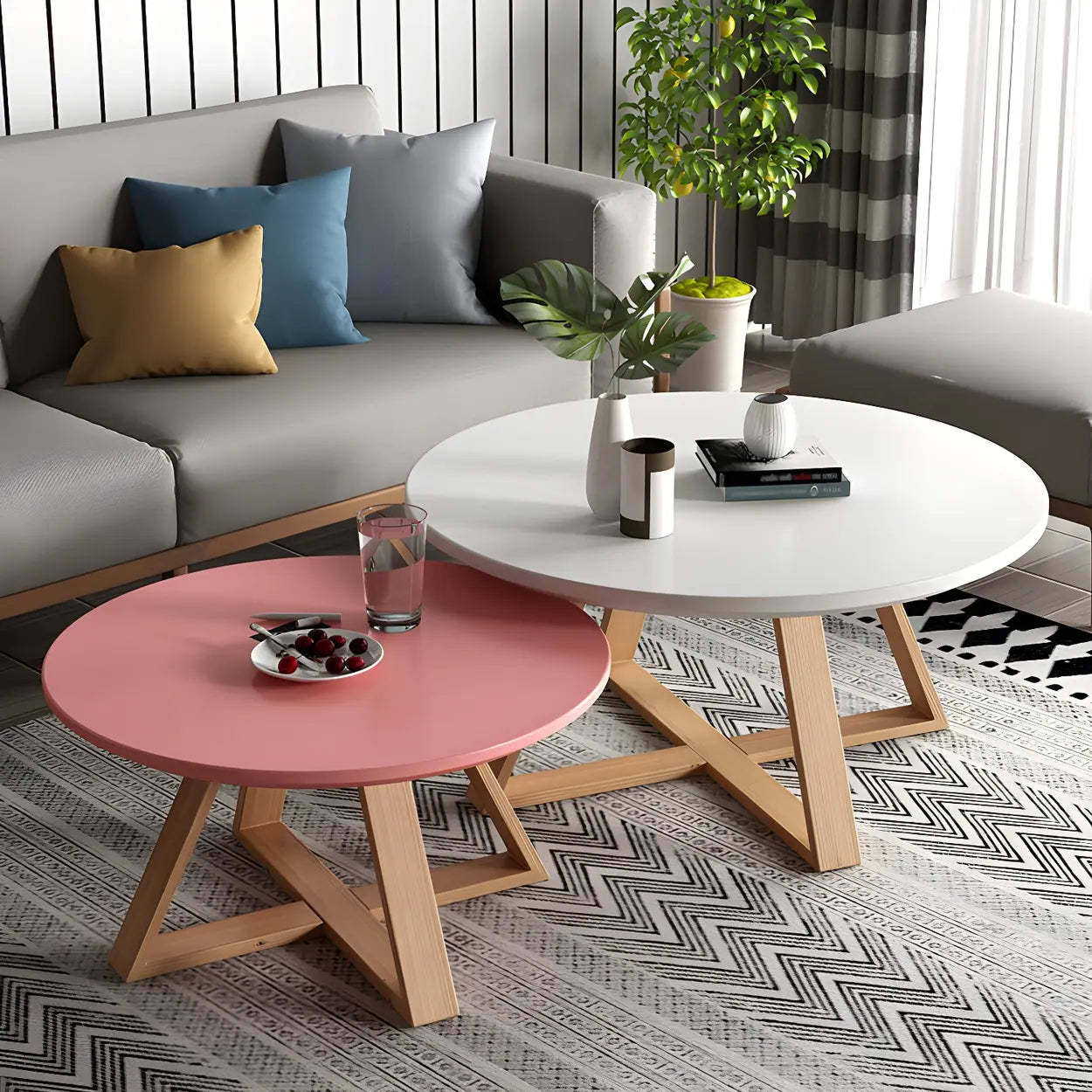 Beech Wood Round Coffee Table with Cross Legs — White
