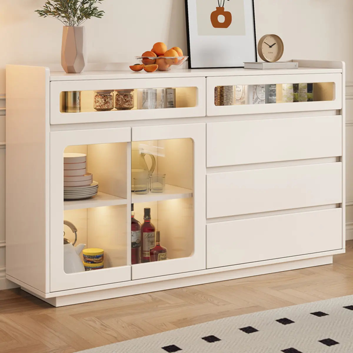 Beige Composite Wood Glazed Shelf Sideboard