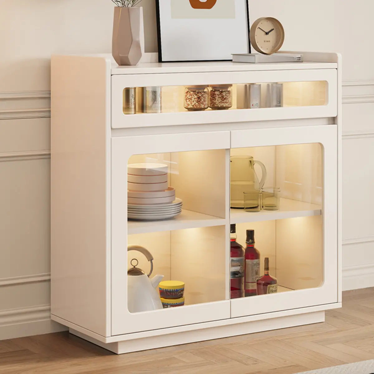 Beige Composite Wood Glazed Shelf Sideboard