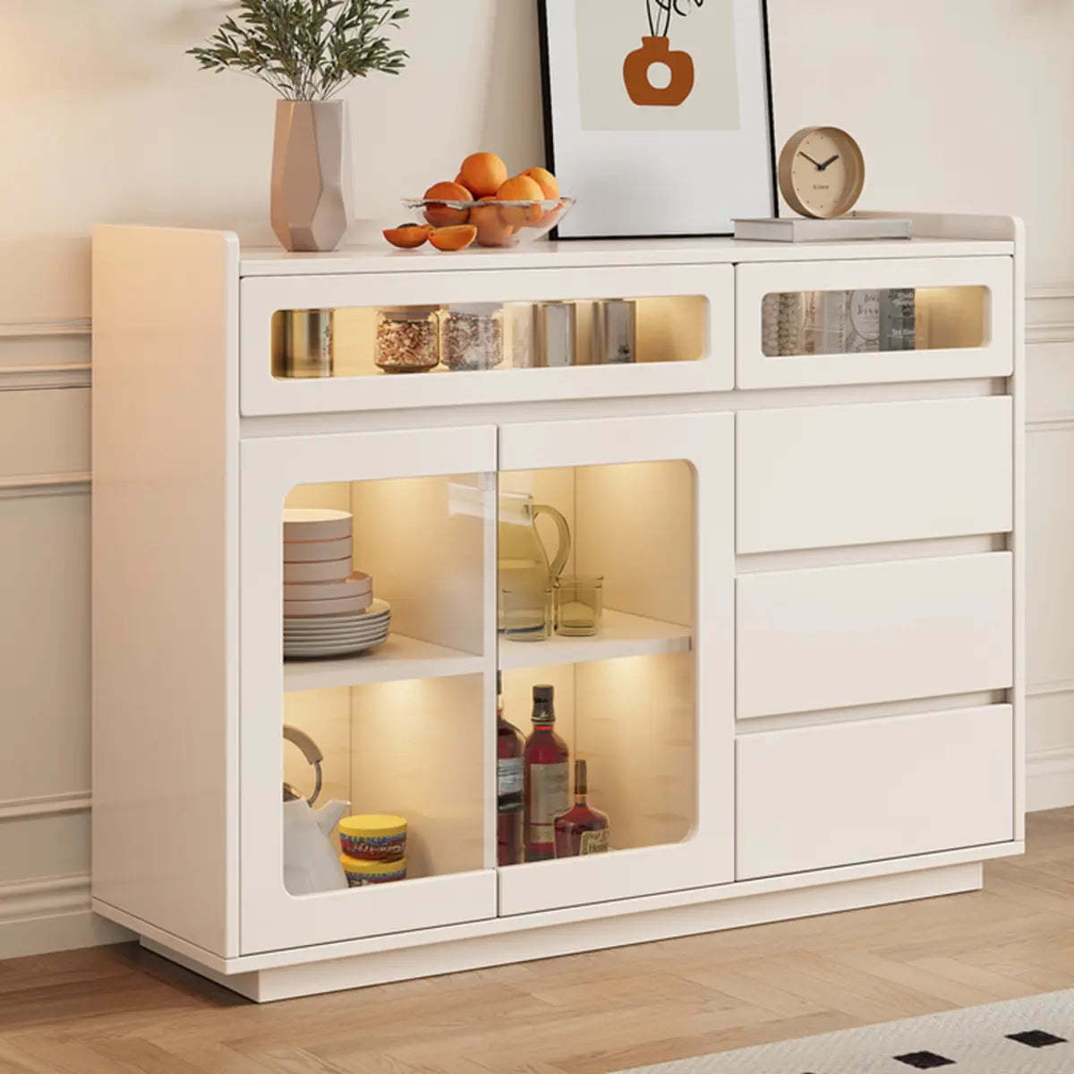 Beige Composite Wood Glazed Shelf Sideboard