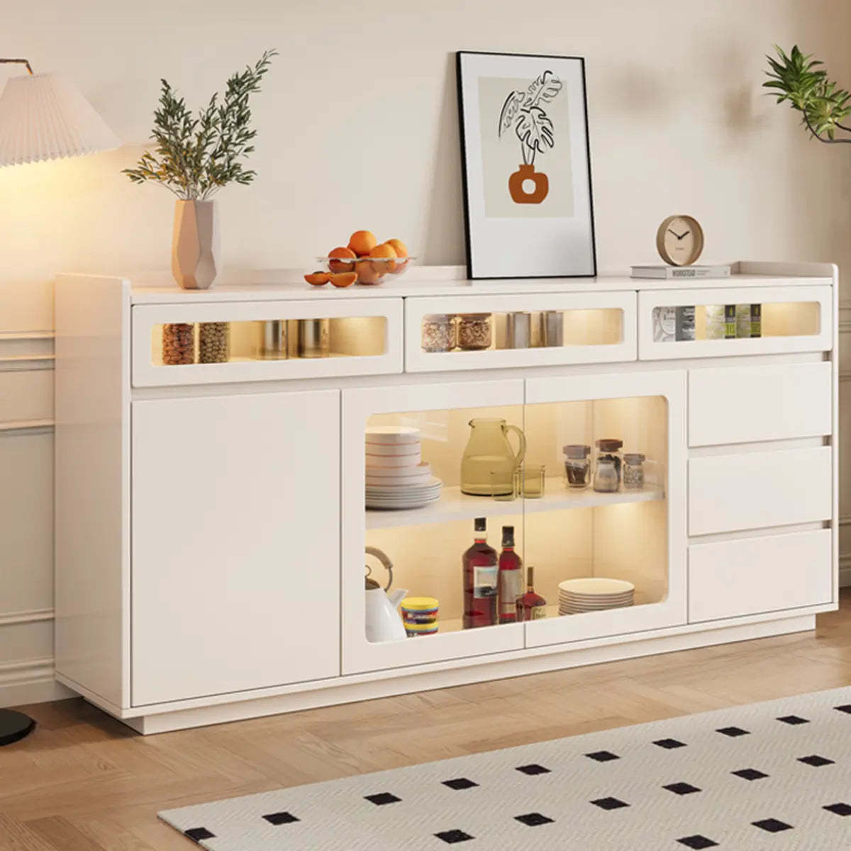Beige Composite Wood Glazed Shelf Sideboard