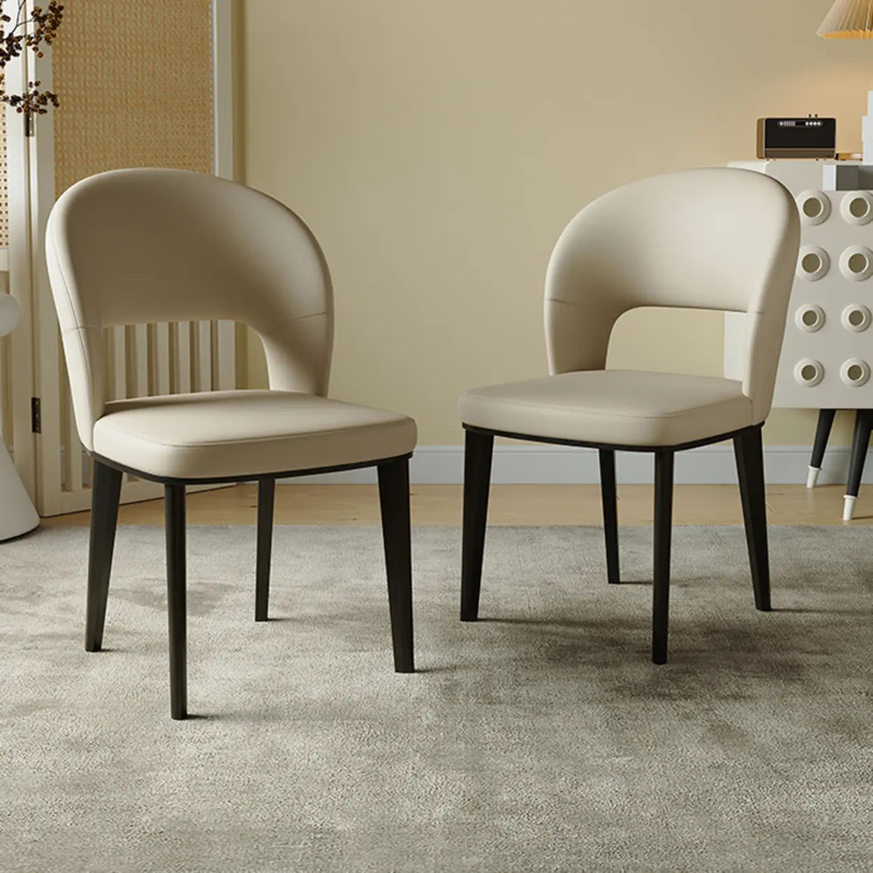 Beige Curved Open Low-Back Faux Leather Dining Chair