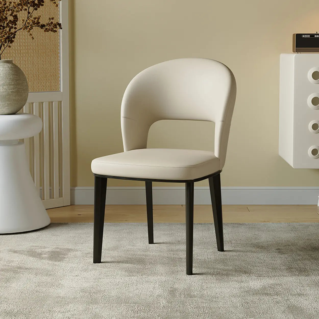 Beige Curved Open Low-Back Faux Leather Dining Chair — Black