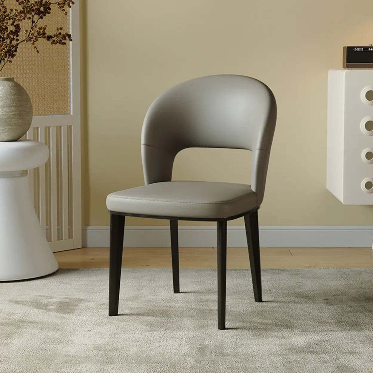 Beige Curved Open Low-Back Faux Leather Dining Chair — Dark Brown