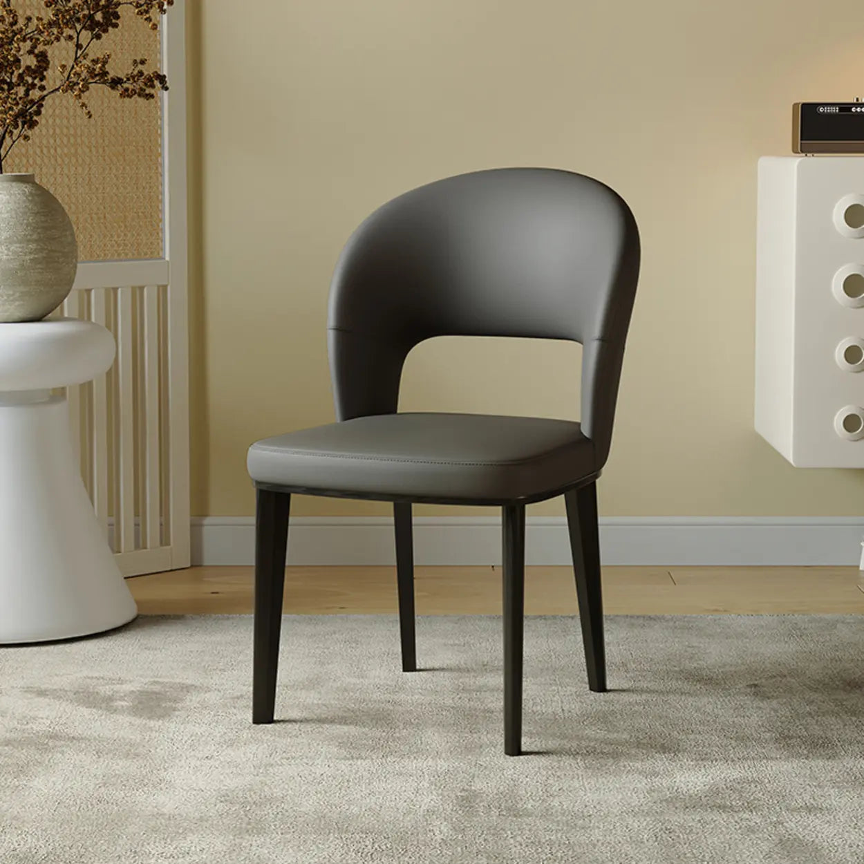 Beige Curved Open Low-Back Faux Leather Dining Chair — Light Gray