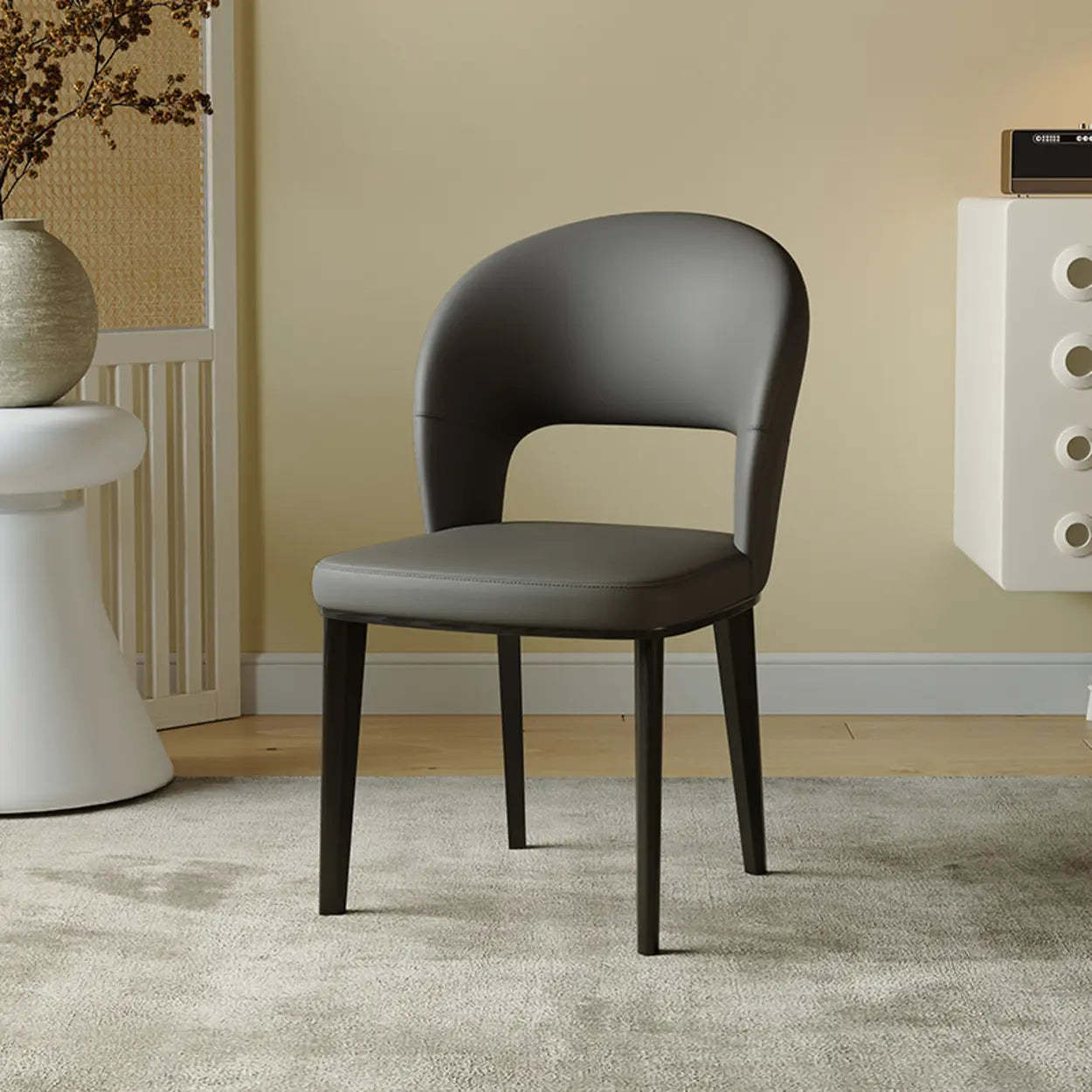 Beige Curved Open Low-Back Faux Leather Dining Chair — Light Gray