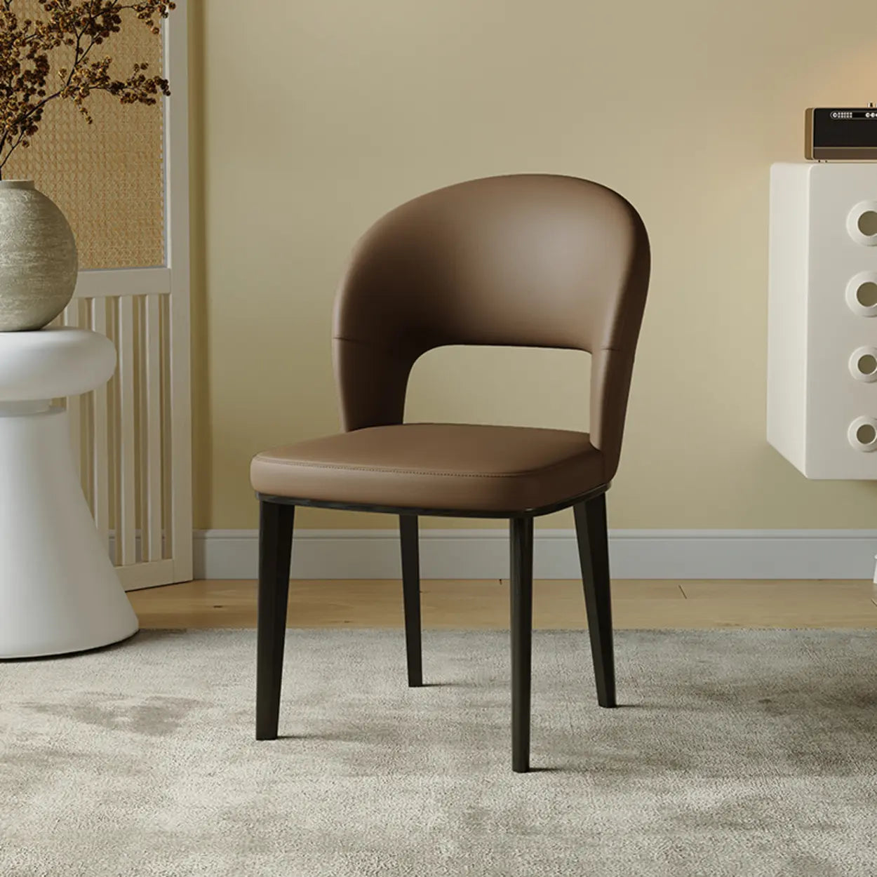 Beige Curved Open Low-Back Faux Leather Dining Chair