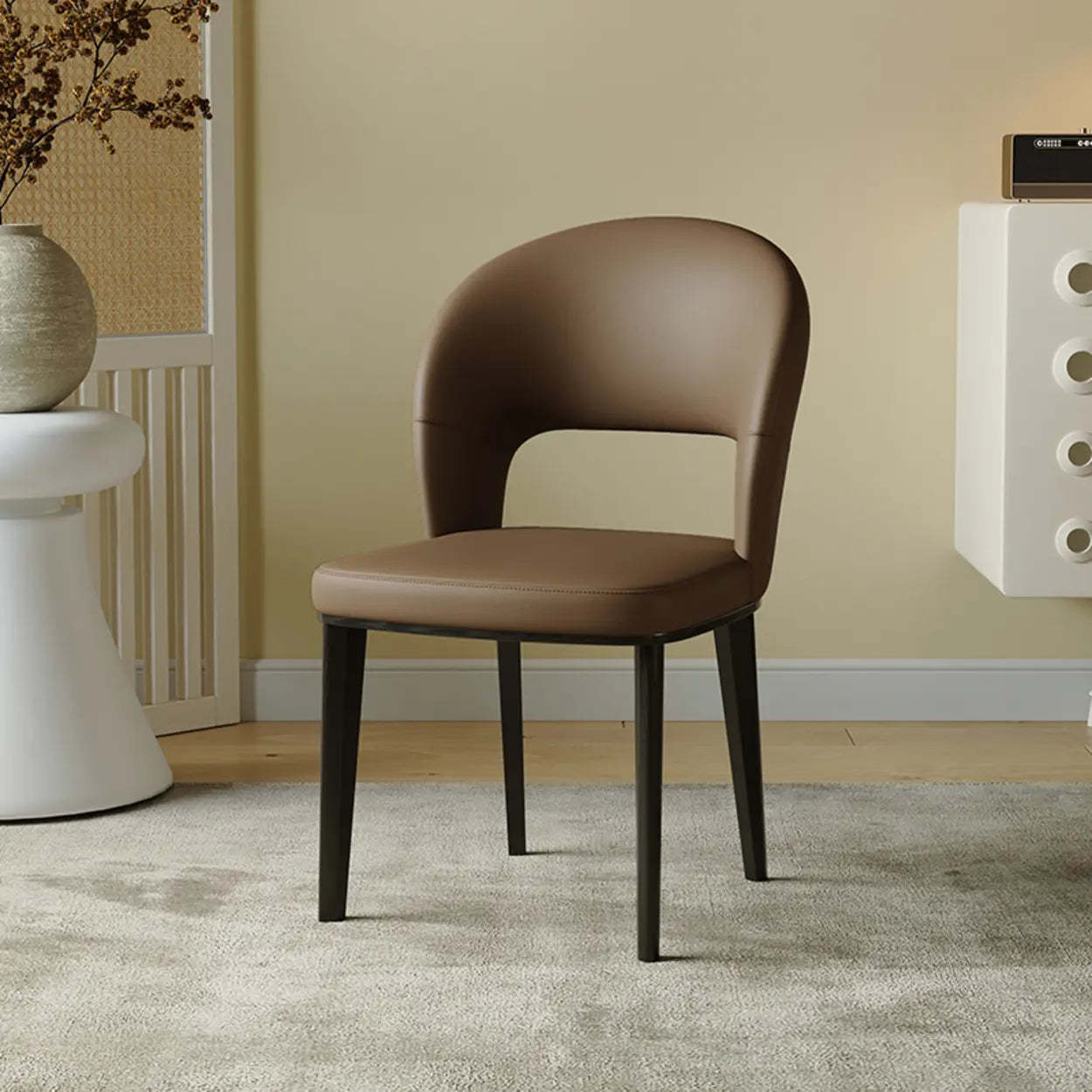 Beige Curved Open Low-Back Faux Leather Dining Chair